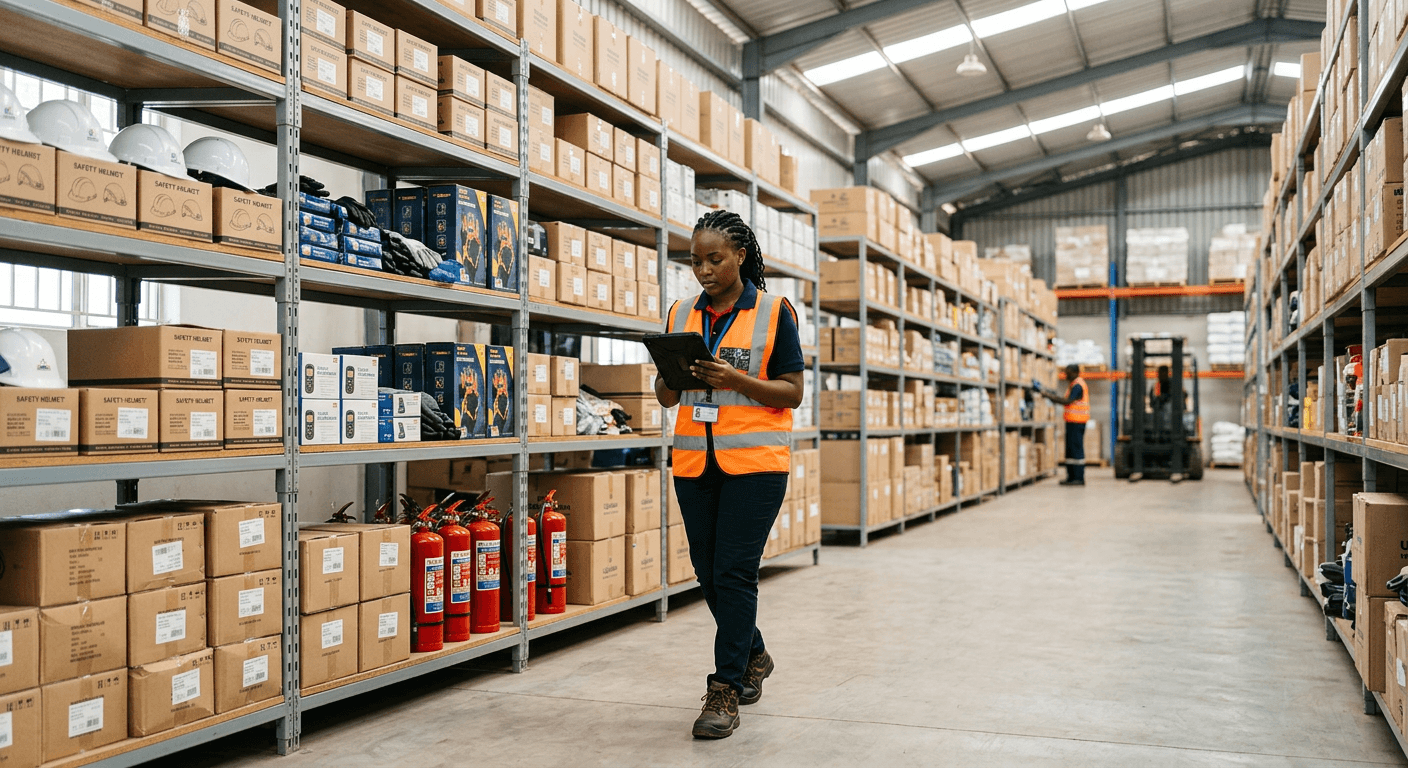 Procurement officer checking boxed safety equipment in a supply warehouse